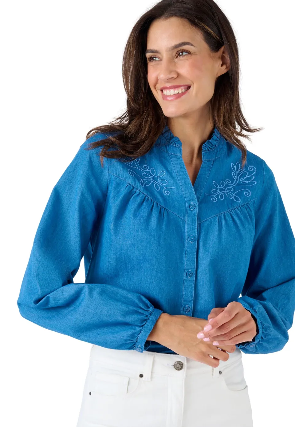 Damart Prêt-à-porter Camicetta in Denim Ricamato Blu Denim Medio 58