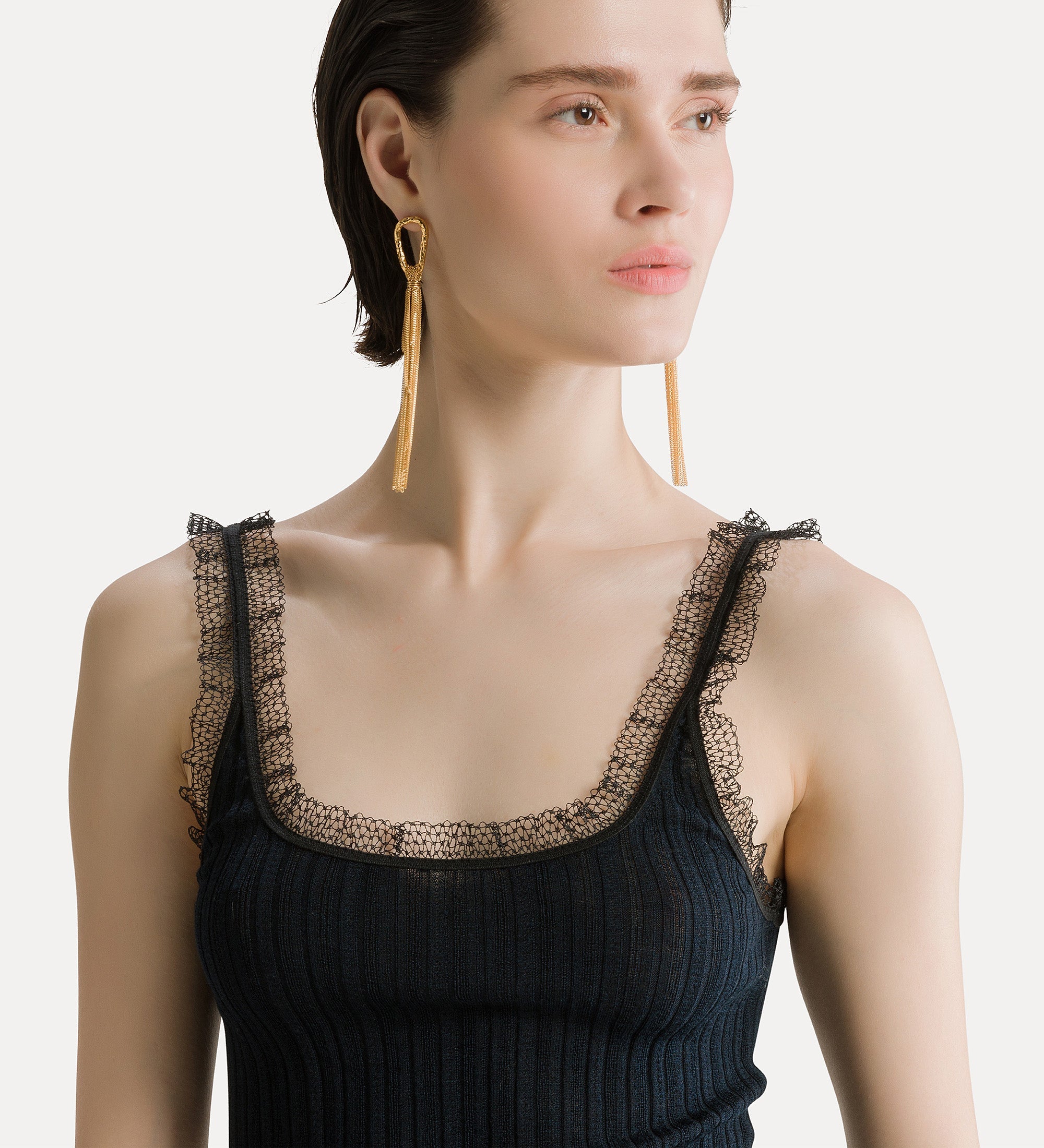 Forte maglieria Chic top a costine notte con pizzo