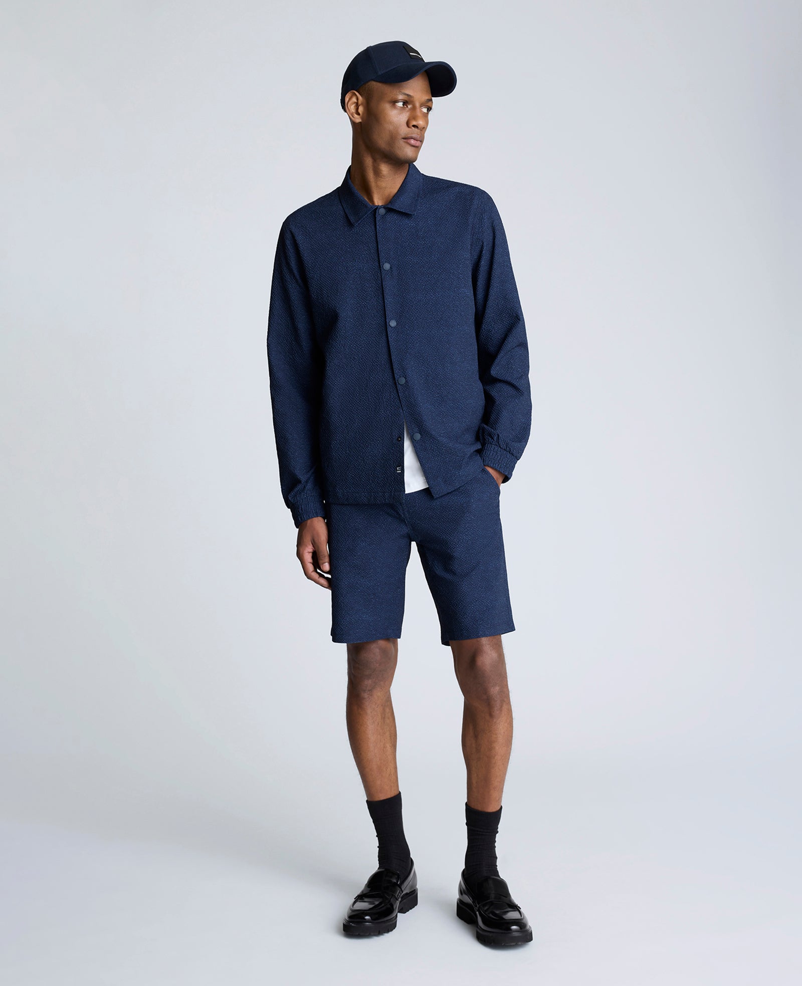 Kenneth Cole Reaction Clothing Printed Performance Seersucker giacca blu navy