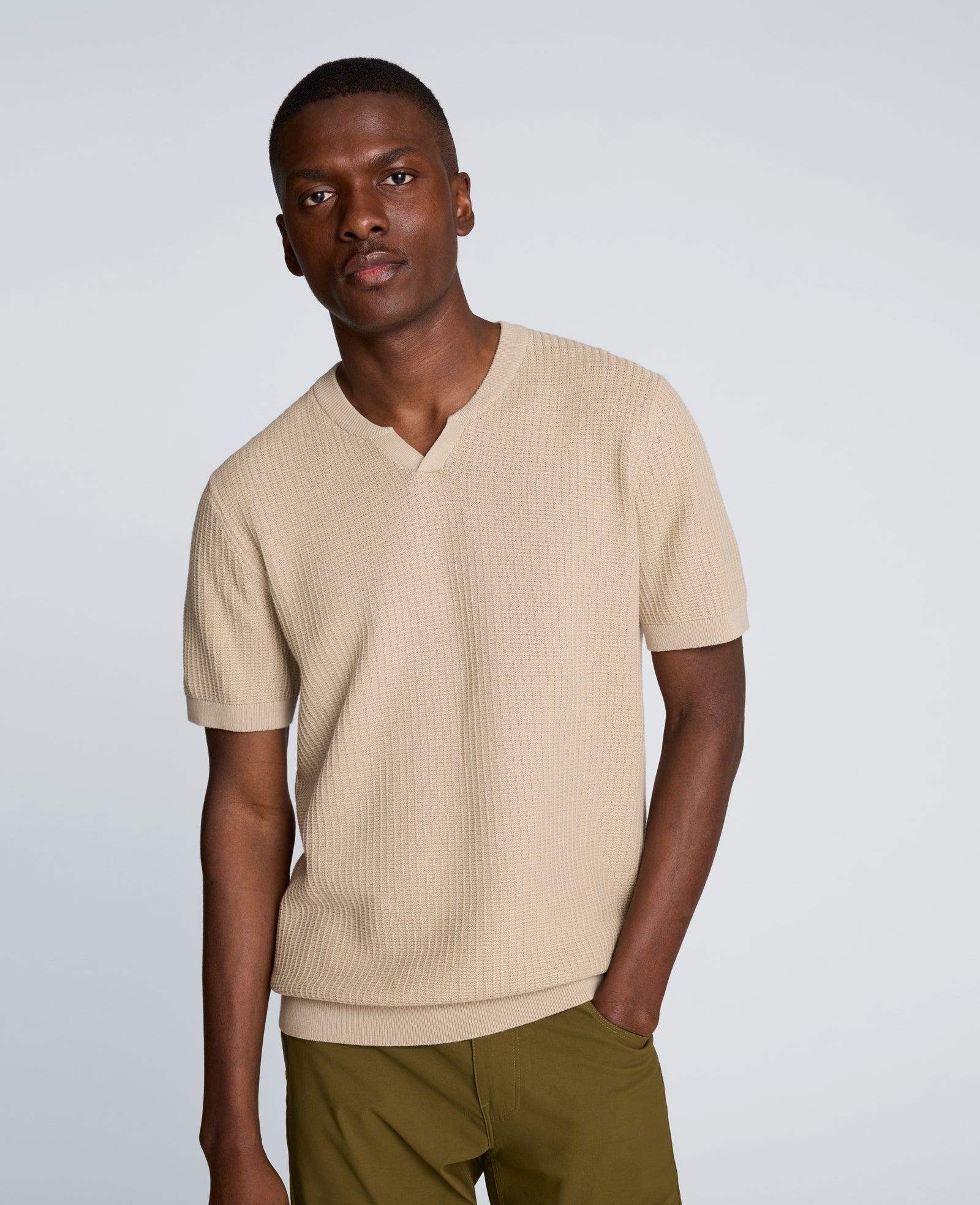 Kenneth Cole Reaction Clothing Johnny Collar Henley Sweater maglia beige waffle