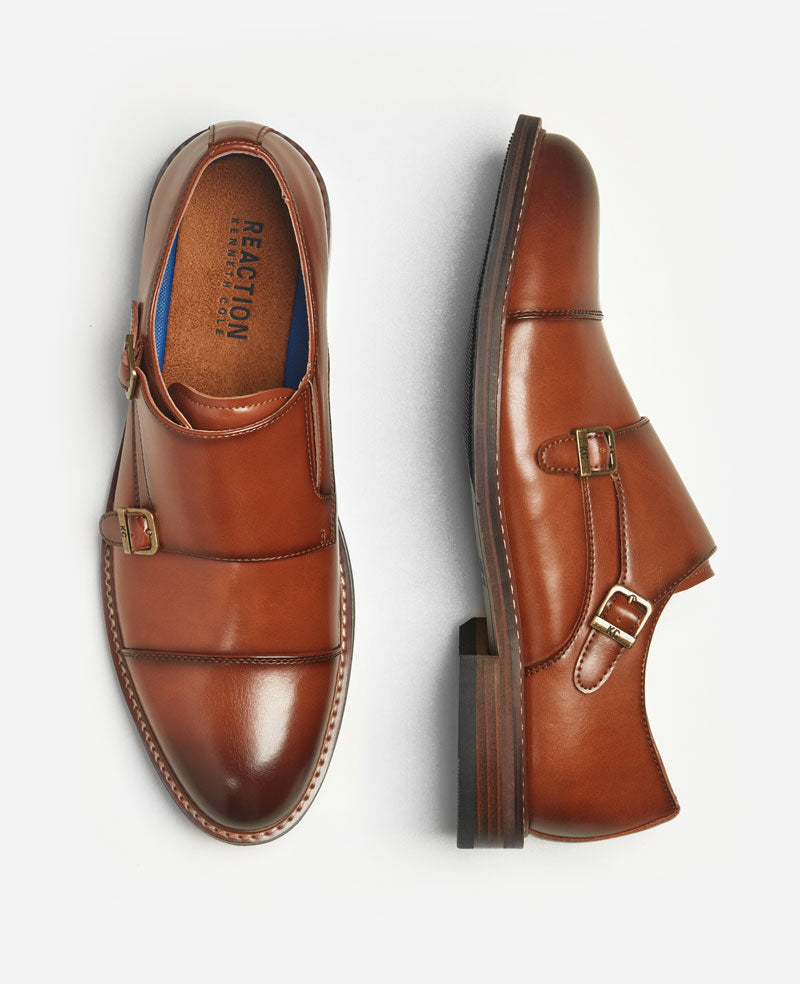 Kenneth Cole Reaction Leland Monk Strap Cap Toe Oxford scarpe tan 7M con plantare removibile