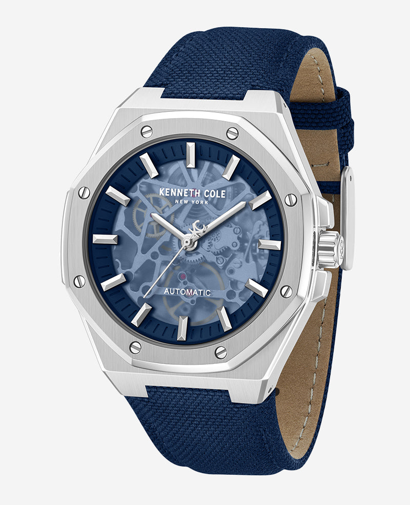 Kenneth Cole Reaction Watches Skeleton Automatic Blue Dial Nylon Strap Watch orologio argento