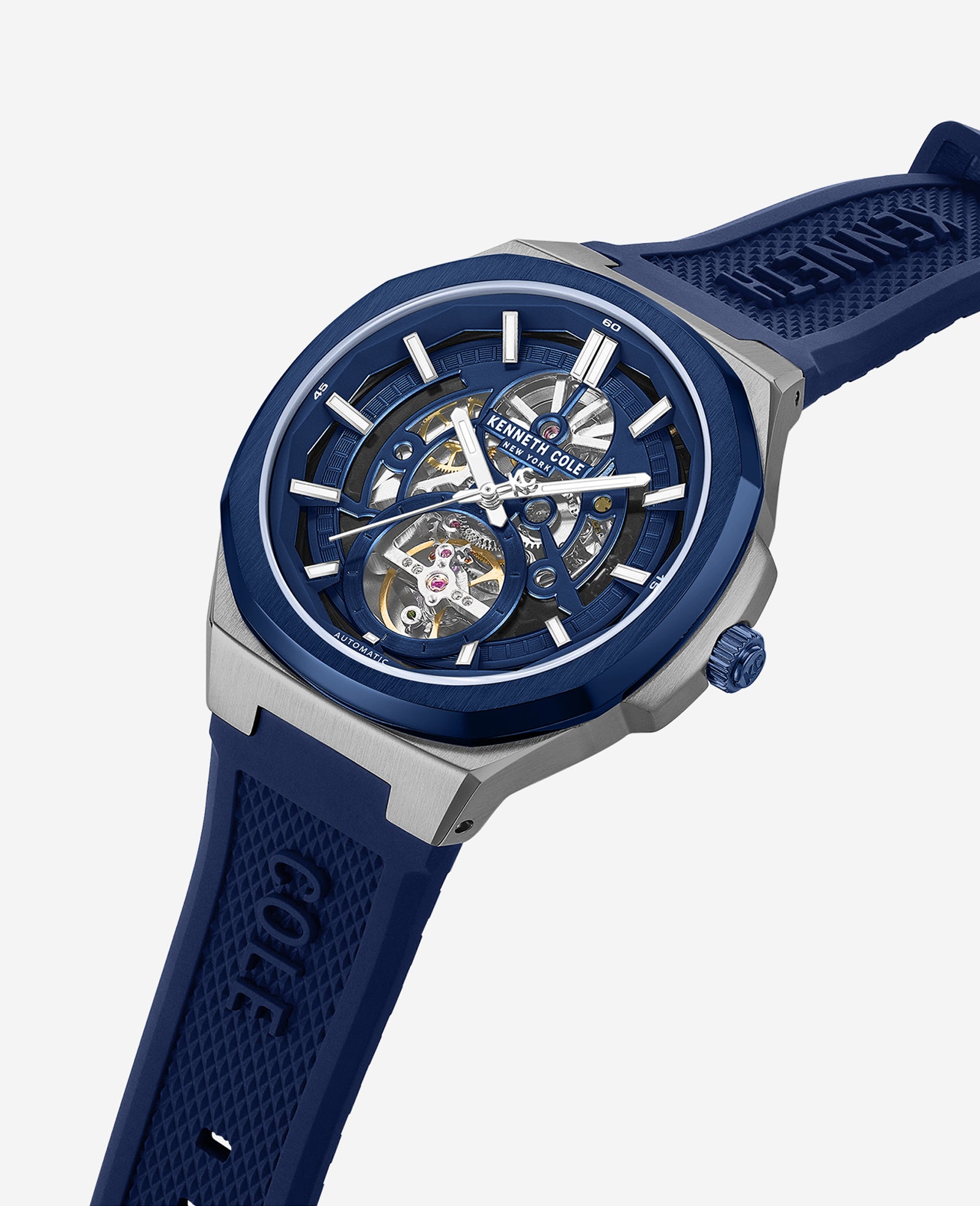 Kenneth Cole Reaction Watches Skeleton Automatic Silicone Strap Watch Orologio Uomo Blu 5 ATM