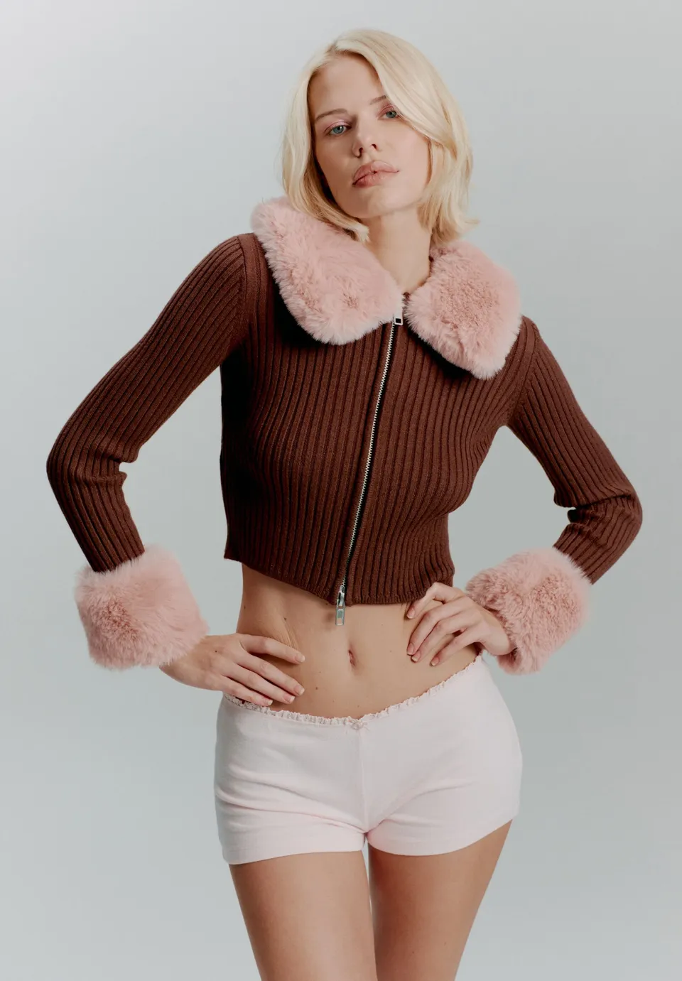 House Of Sunny Women's Knitwear Peggy Plush Fur cardigan taglie UK 6-18 collo removibile