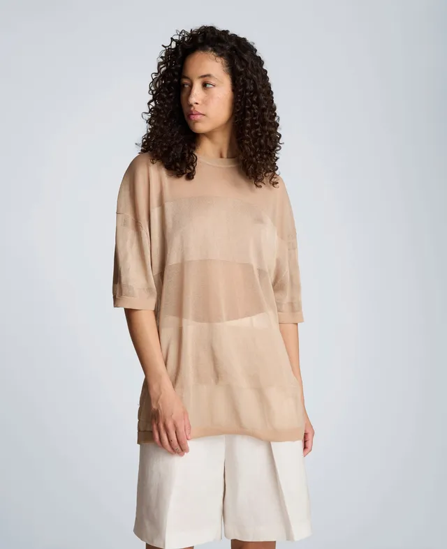Kenneth Cole Reaction Clothing Shiny Semi Sheer Stripe maglia girocollo taupe