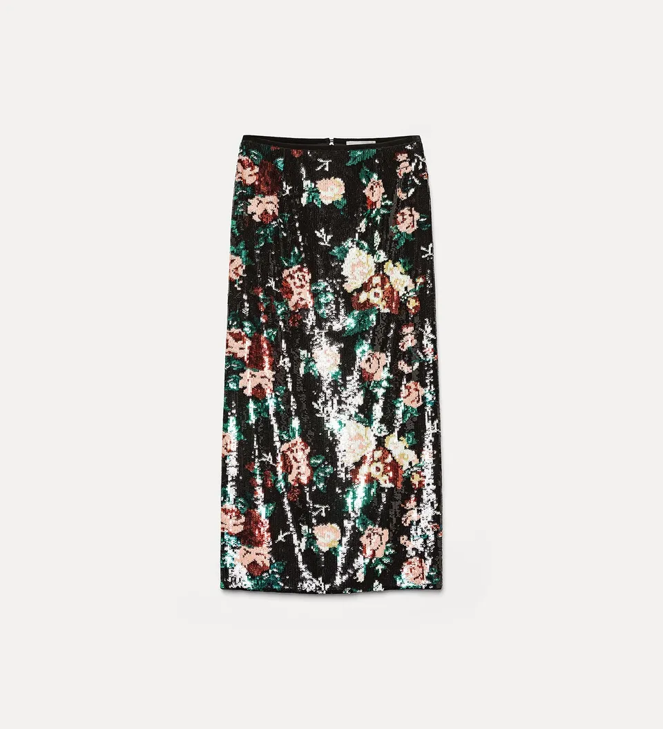 Forte gonne gonna a matita ricamo paillettes bouquet verde