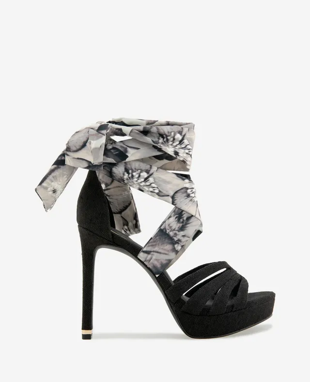 Kenneth Cole Reaction Shoes Nikkii Printed Fabric Wrap Around Platform Heel sandali neri