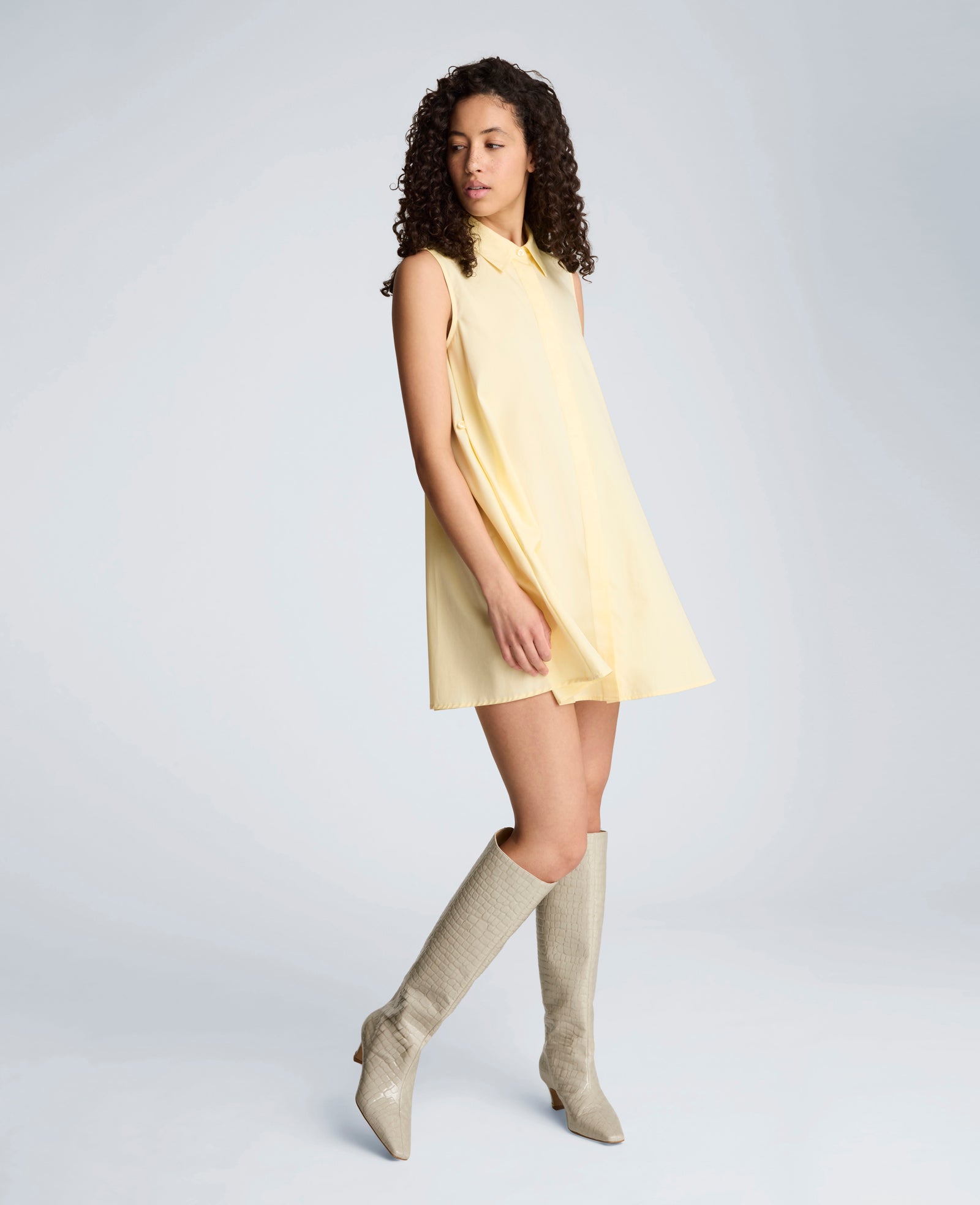 Kenneth Cole Reaction Clothing Cotton Poplin Sleeveless Trapeze Mini Dress abito chemisier giallo pastello taglie 0-14