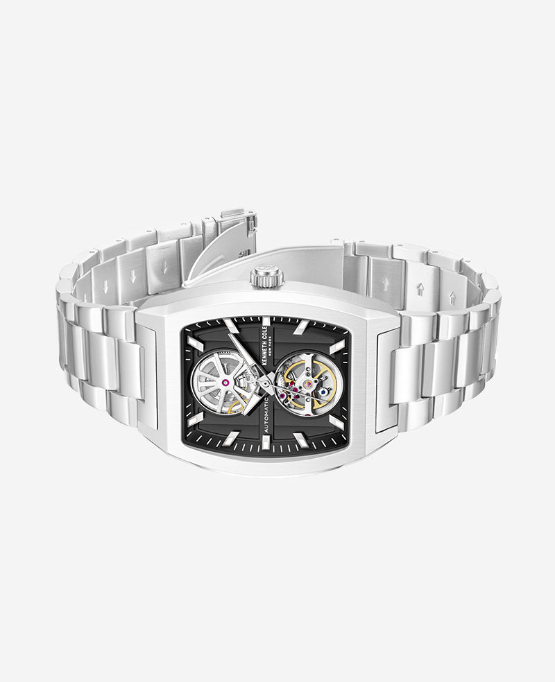 Kenneth Cole Reaction Skeleton Automatic Black Dial Stainless Steel Bracelet Watch orologio nero